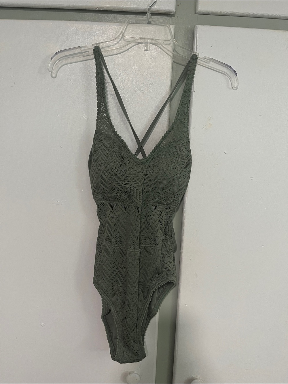 Carmen Marc Valvo Olive Green Crochet One-Piece Swimsuit